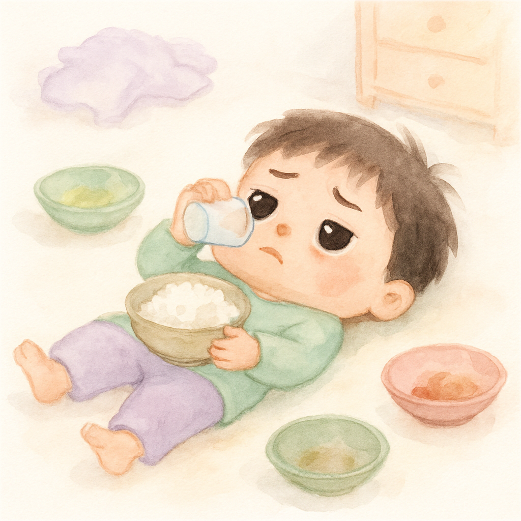 누워서 밥을 먹고 물을 마시는 게으른 아이